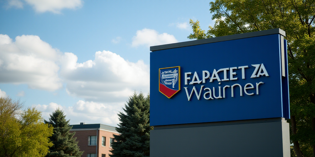 a sign for a company that is on a building with trees in the background and a sky background with cl