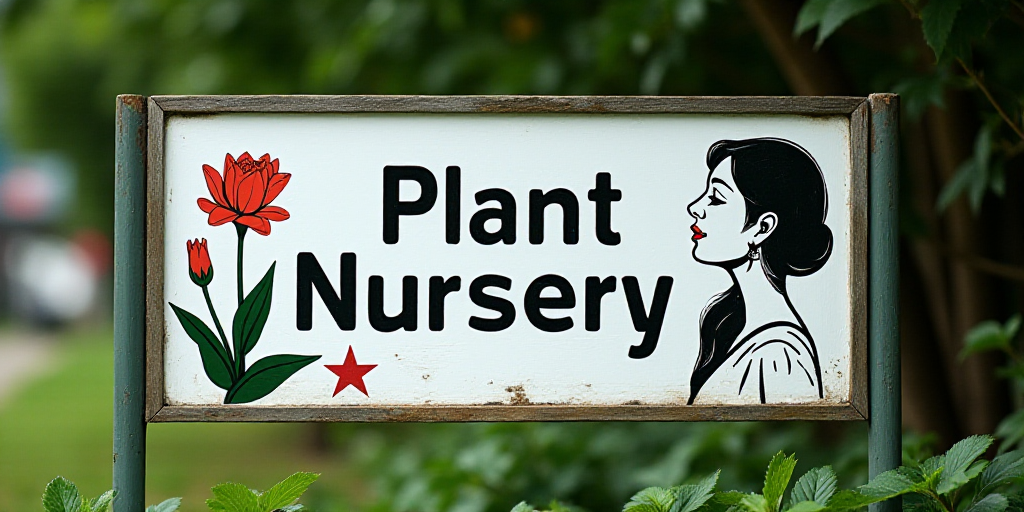 a sign for a plant nursery with a woman's profile on it's side and a star on the bottom, An Gyeon, t
