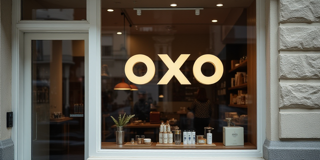 a sign for a store that says oxo on it's front window and outside of a building, Aquirax Uno, logo,