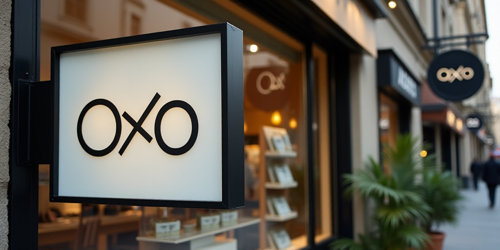 a sign for a store that says oxo on it's front window and outside of a building, Aquirax Uno, logo,