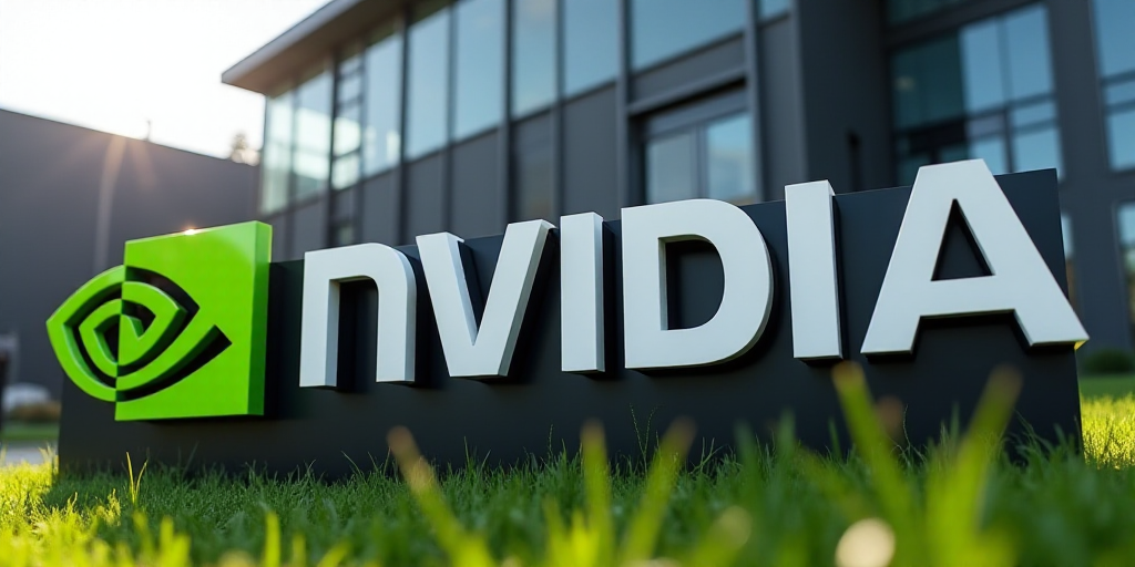 a sign for nvidia is shown in front of a building with a metal structure in the background, Andries