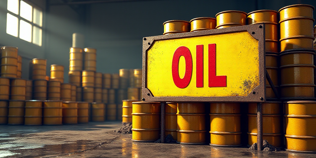 a sign is in front of a large stack of oil cans and cans of oil are in the background, Constant Perm