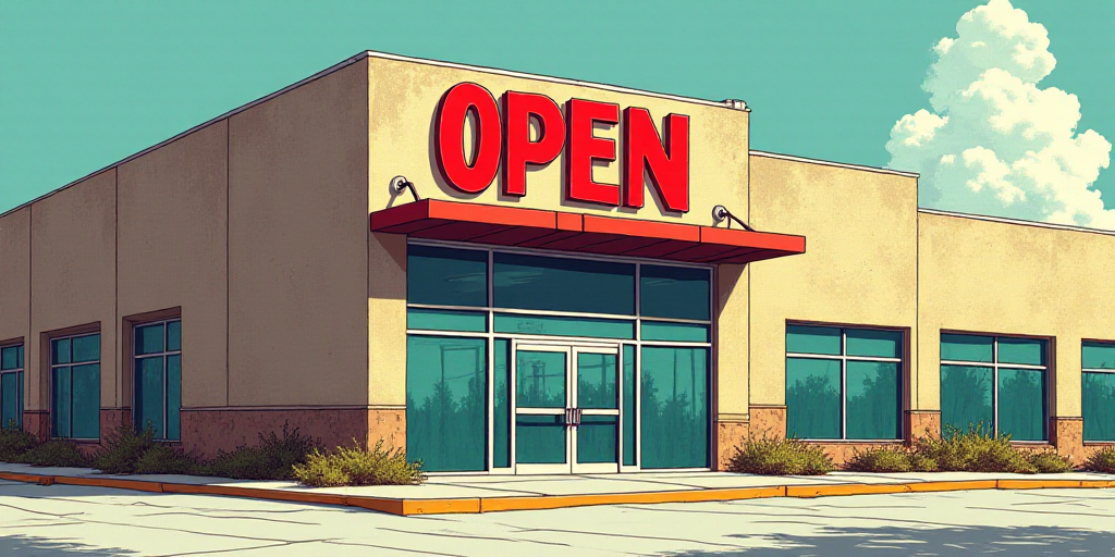 a sign on a building that says it is open for business and is in front of a large building, Eduardo