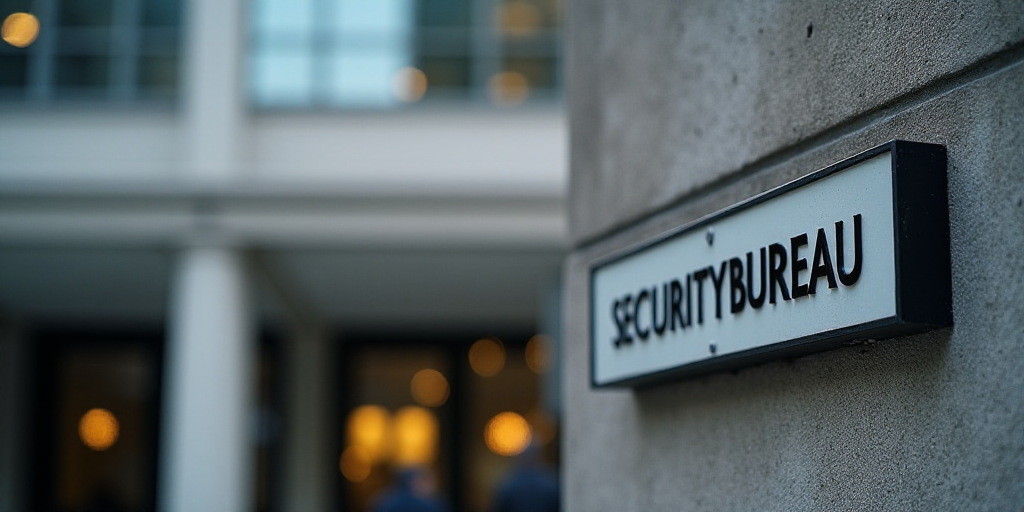a sign on a building that says the national security bureau on it's side in front of a building, Év