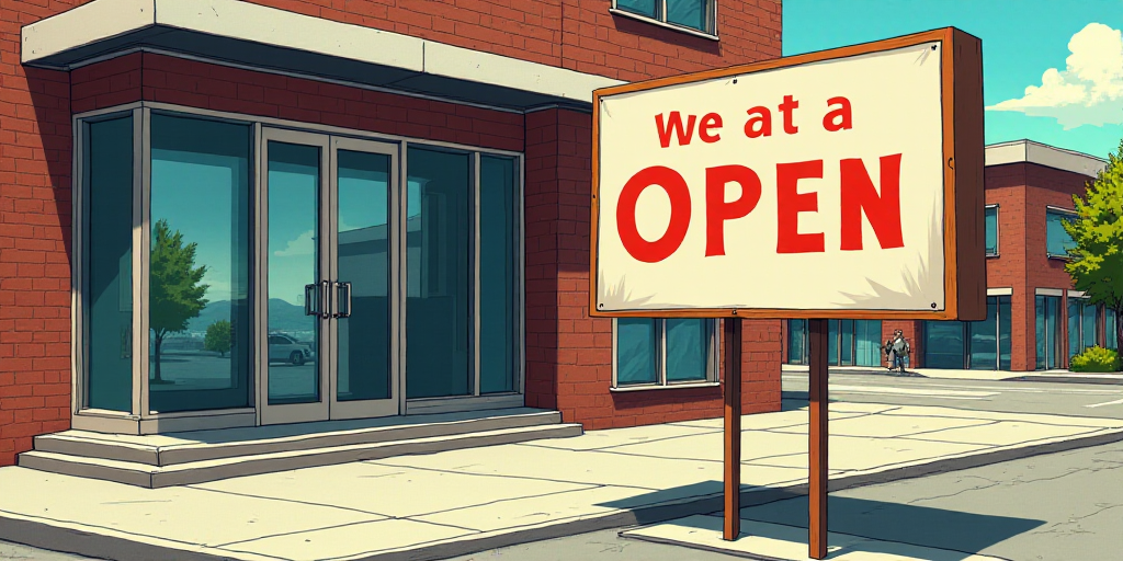 a sign on a building that says it is open for business and is in front of a large building, Eduardo