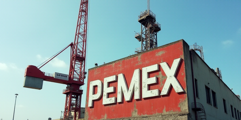 a sign on a building that says pemex on it's side and a red crane behind it, Constant Permeke, oil,