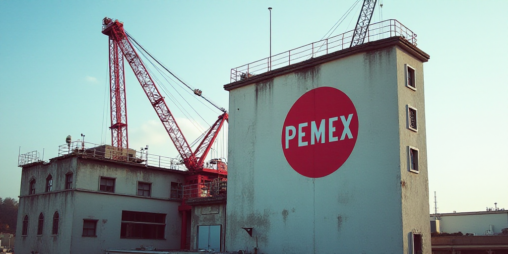 a sign on a building that says pemex on it's side and a red crane behind it, Constant Permeke, oil,
