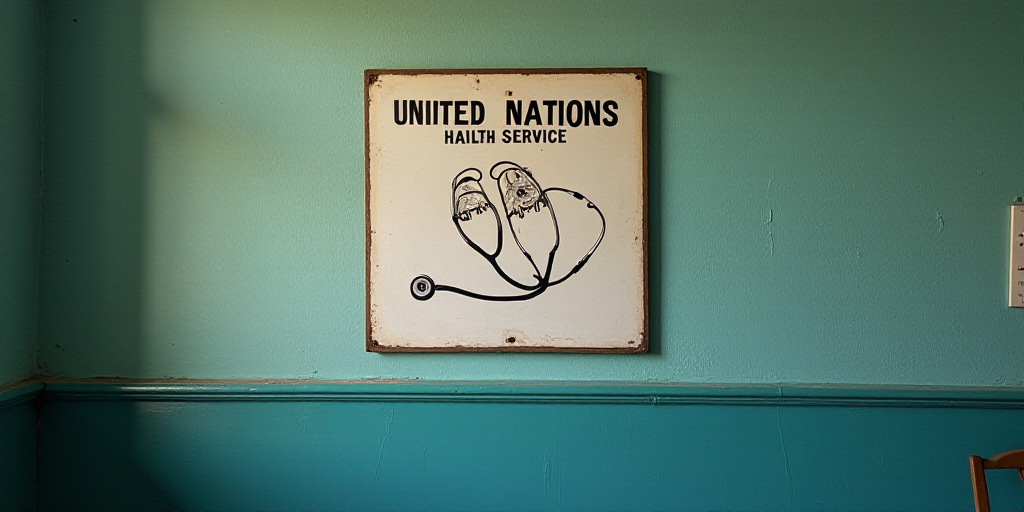 a sign on a wall with a stethoscope on it that says the united nations health service, Évariste Vit