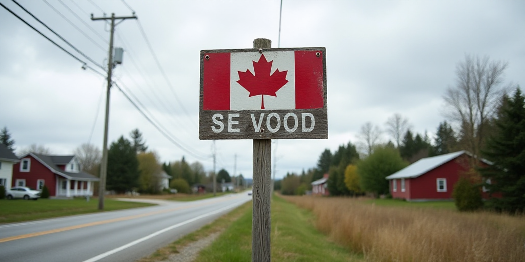 a sign on a wooden pole with a flag on it and a canadian flag on it, along with a road and houses, B