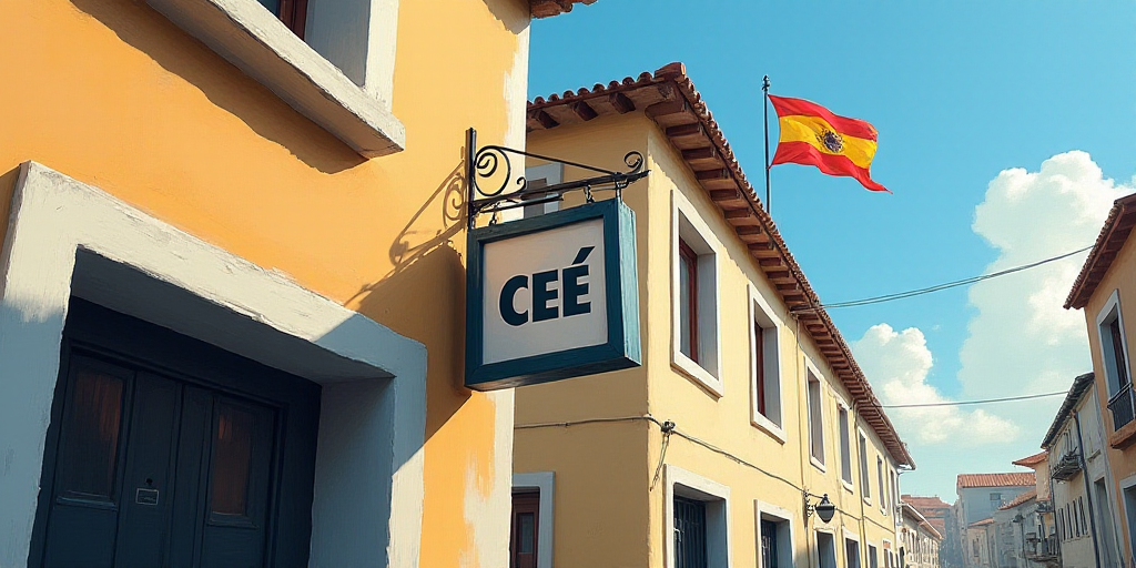 a sign on the side of a building that says cee and a flag flying in the background of the building,