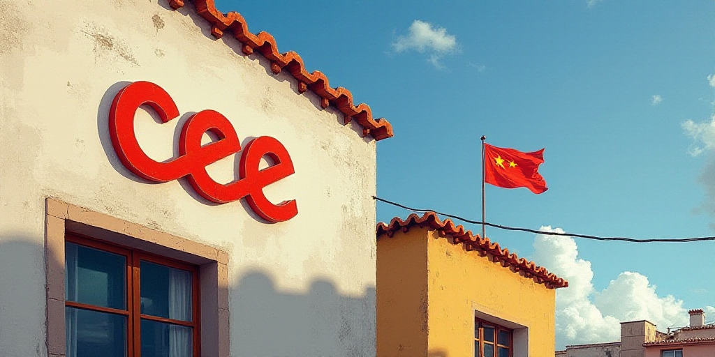 a sign on the side of a building that says cee and a flag flying in the background of the building,