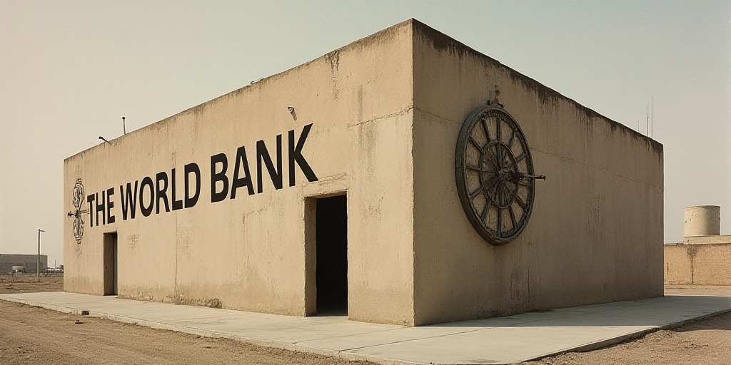 a sign on the side of a building that says the world bank on it's side and a clock on the wall, Albe