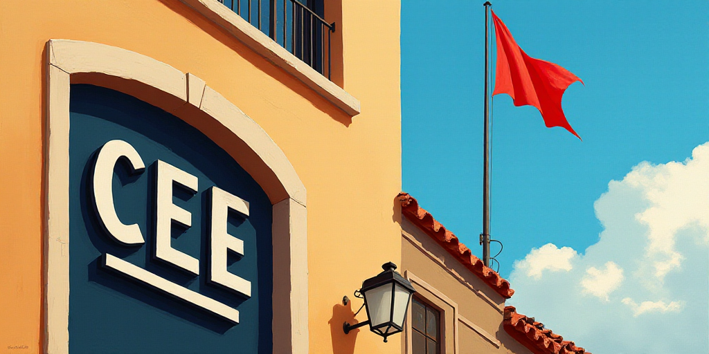 a sign on the side of a building that says cee and a flag flying in the background of the building,
