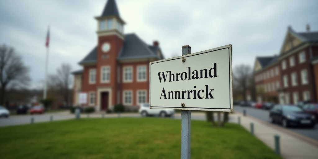 a sign that is in front of a building with a clock tower in the background and a building with a fla