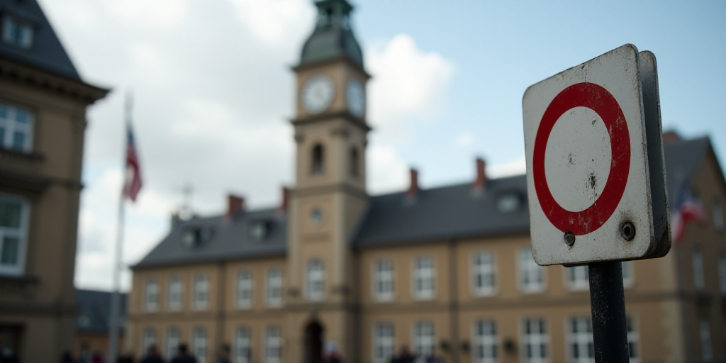 a sign that is in front of a building with a clock tower in the background and a building with a fla