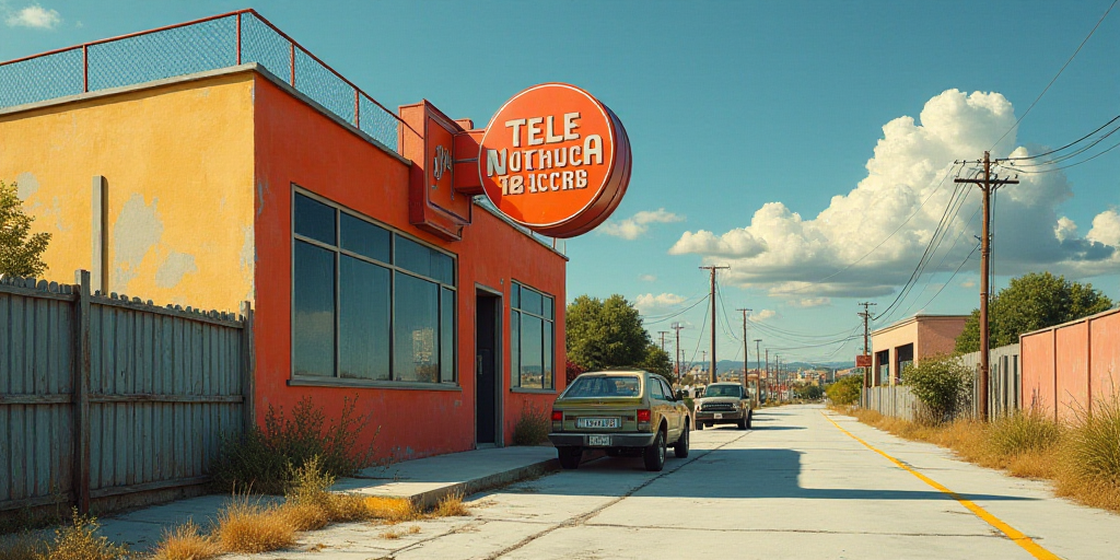 a sign that is next to a building with a telenotica sign on it's side and a building in the backgrou