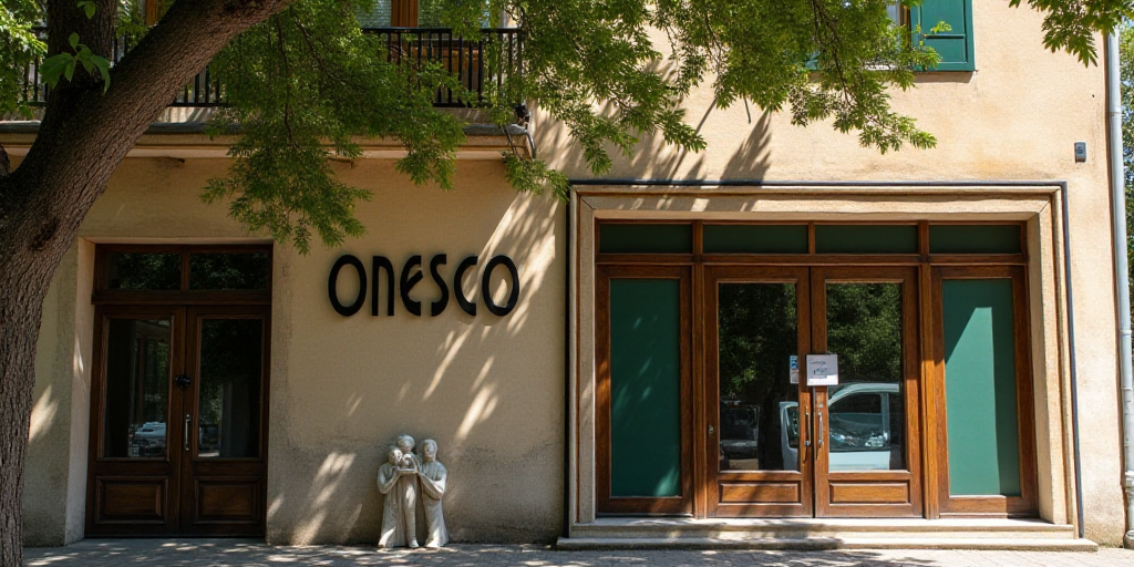 a sign that is on the side of a building that says onesco on it and a tree in front of it, Évariste