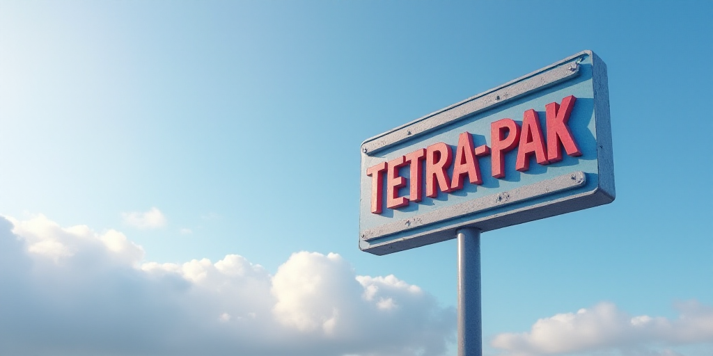 a sign that reads tetra pak on a cloudy day with a blue sky in the background and a few clouds in th