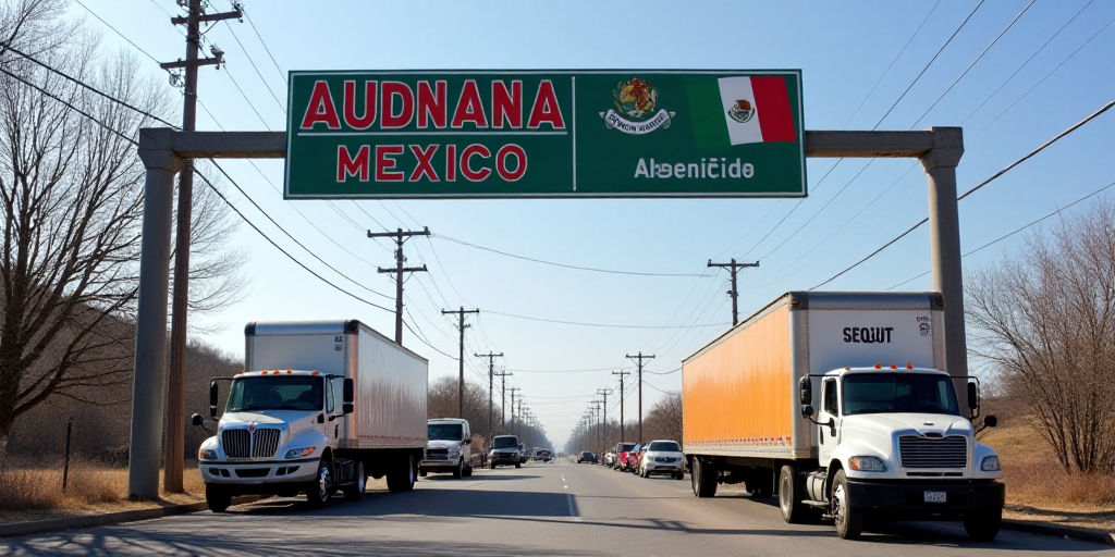 a sign that says adunana mexico above a street with cars and trucks parked in front of it, Aquirax U