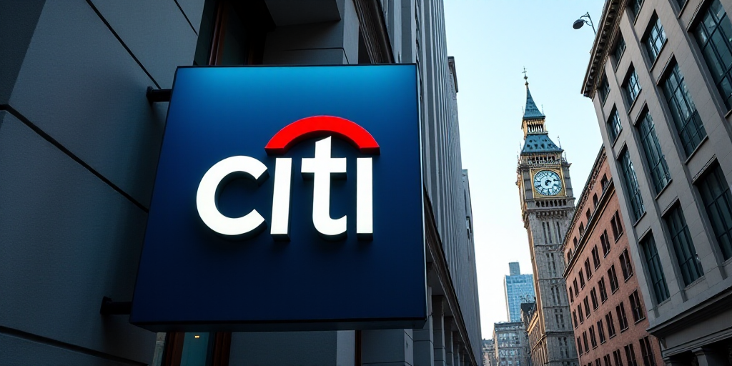 a sign that says citi in front of a building with a clock tower in the background of the sign, Cliff
