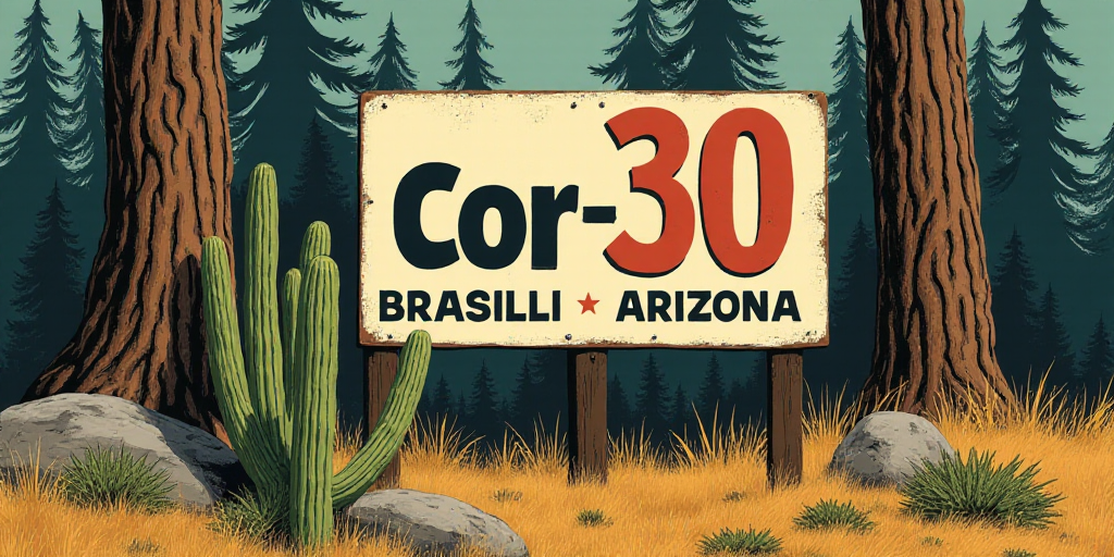 a sign that says cor - 30 brasilli and arizona on it's side in front of a forest, Eduardo Lefebvre S