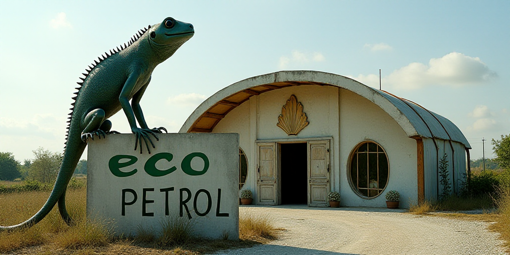 a sign that says eco petrol in front of a building with a large lizard on it's head, Eduardo Lefebvr