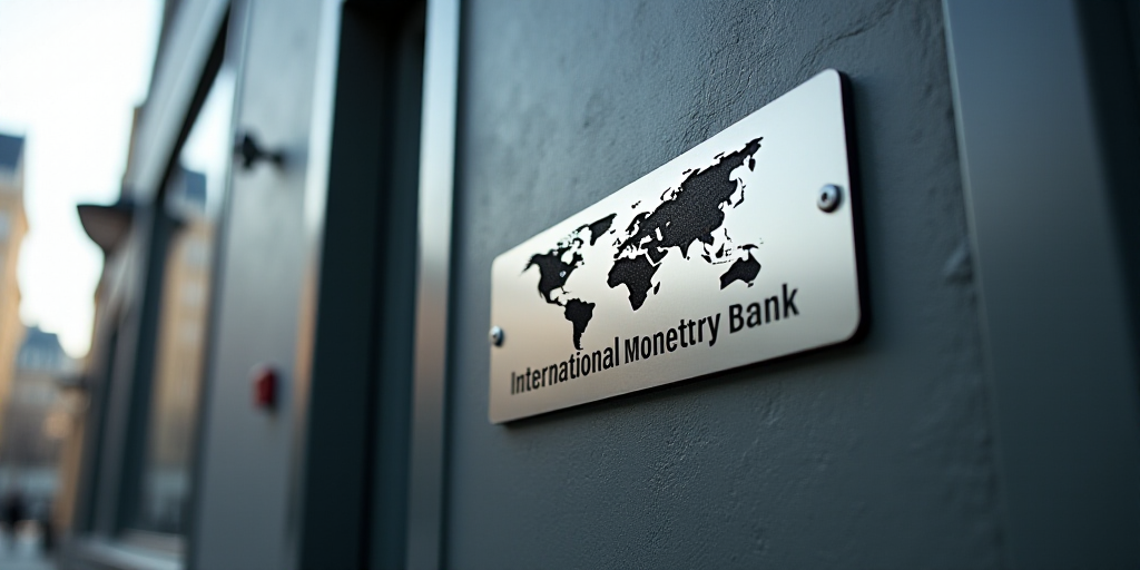 a sign that says international monetary bank on it's side of a building with a world map on it, Éva