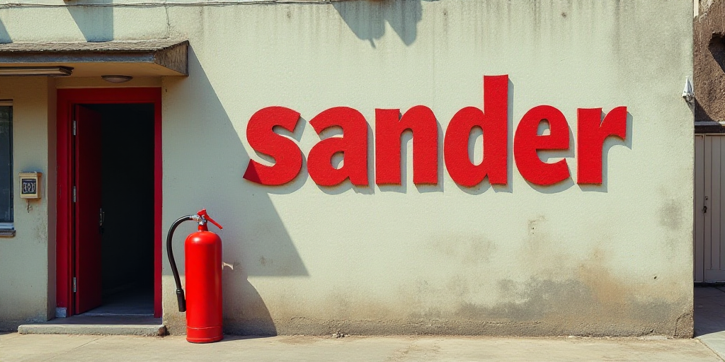 a sign that says sander on the side of a building with a red fire extinguisher, Carlos Saenz de Teja