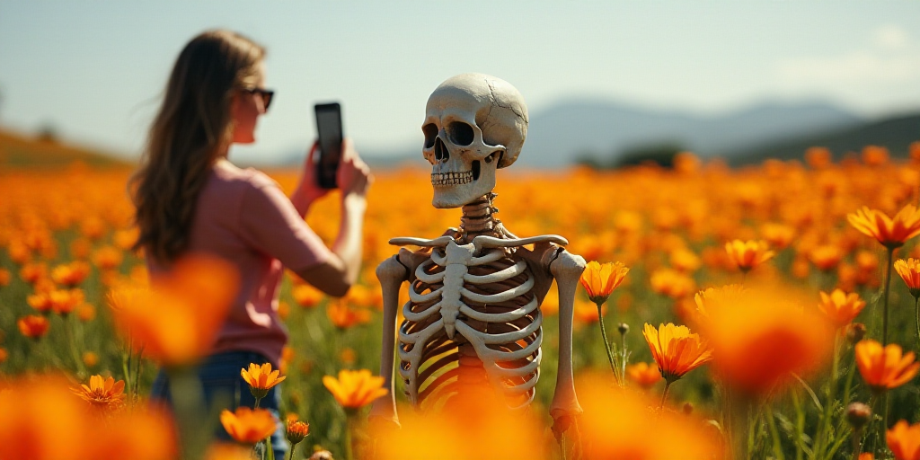 a skeleton in a field of flowers with a woman in the background taking a picture of it with her phon