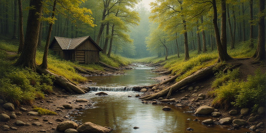 a small stream running through a forest filled with trees and mud, with a small wooden structure in