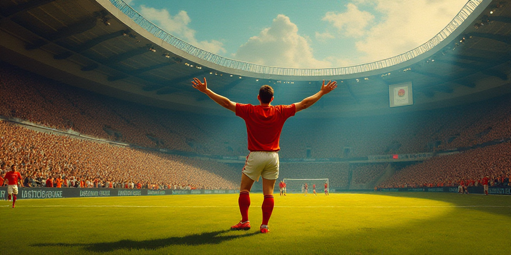 a soccer player is celebrating a goal in a stadium with a crowd watching him and his arm in the air,