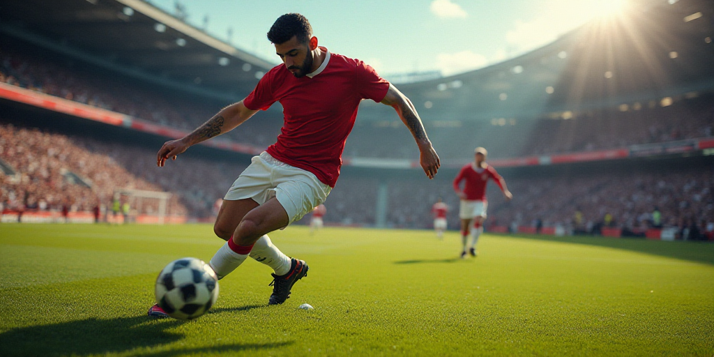 a soccer player is kicking a soccer ball while a crowd watches from the stands in the stands watchin