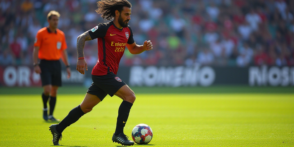 a soccer player is running on the field with a ball in his hand and a referee behind him watching, D