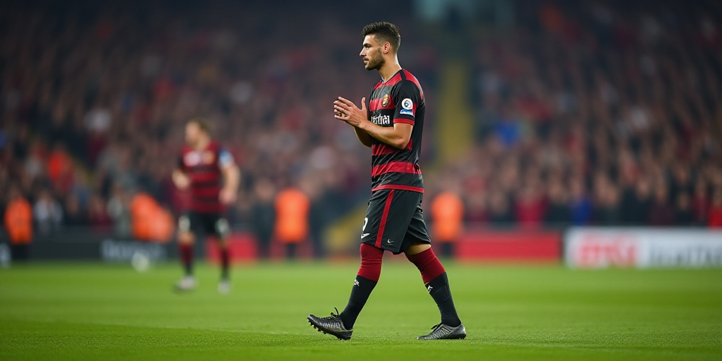a soccer player is walking on the field with his hands together and a crowd of people in the backgro