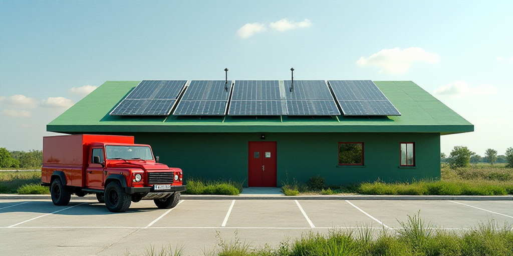 a solar panel building with a green roof and a parking lot in front of it and a red truck parked in