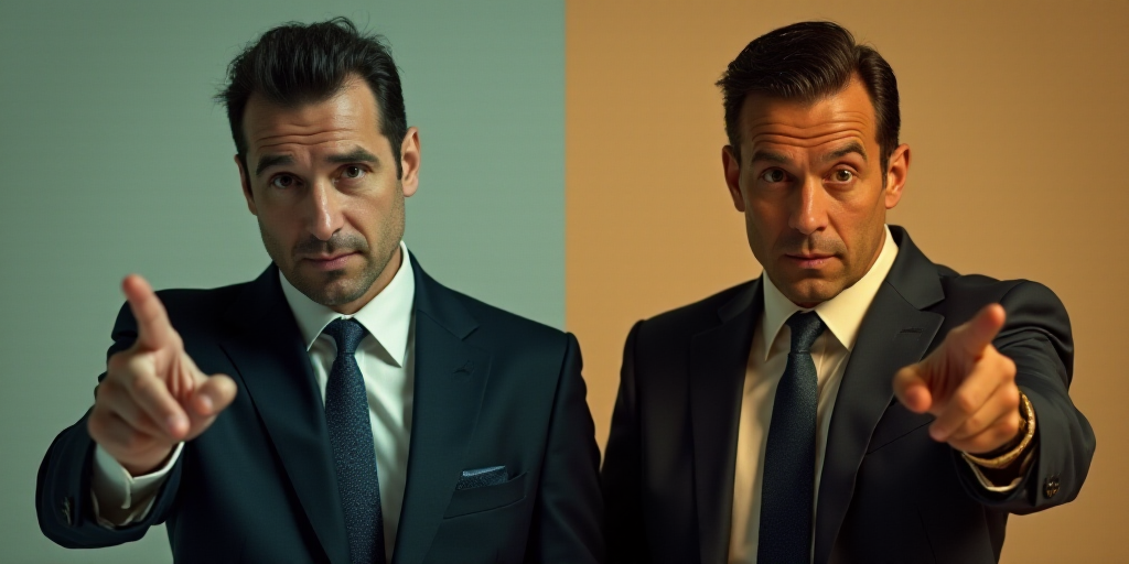 a split photo of a man in a suit and tie pointing at the camera and a picture of a man in a suit and