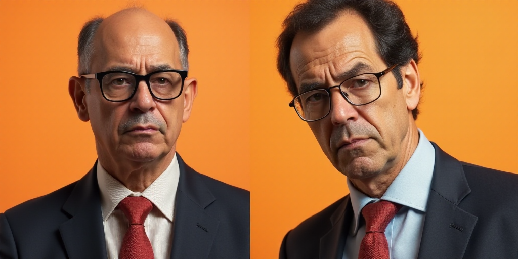 a split photo of a man with glasses and a man with a tie and suit on, both of them are frowning, Est