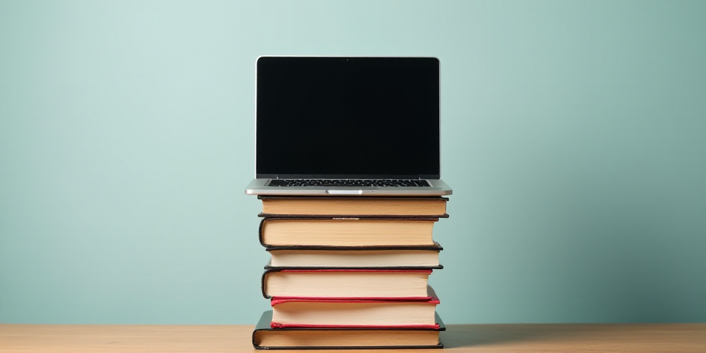 a stack of books with a computer on top of them and a pile of other books on the bottom, Andries Sto