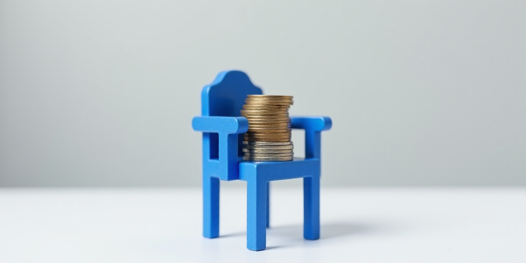 a stack of coins sitting on a blue chair with a blue base and arms on a white background, with a gra