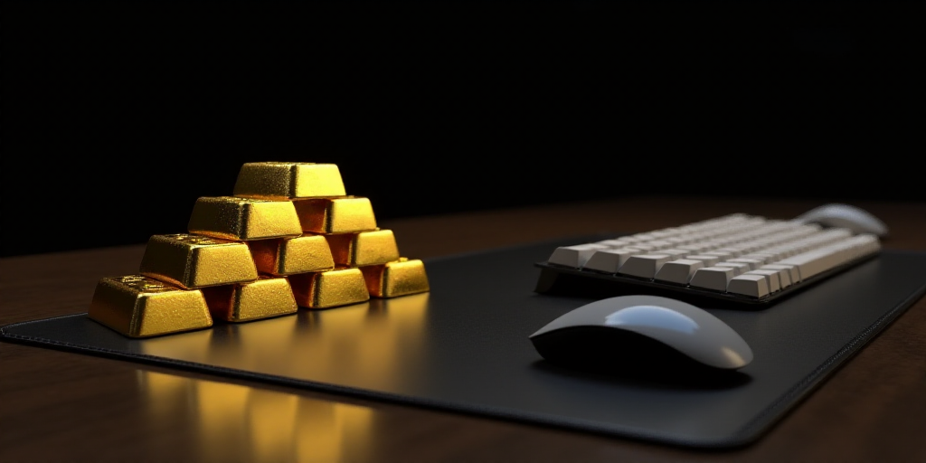 a stack of gold bars sitting on top of a table next to a keyboard and mouse pad, with a black backgr