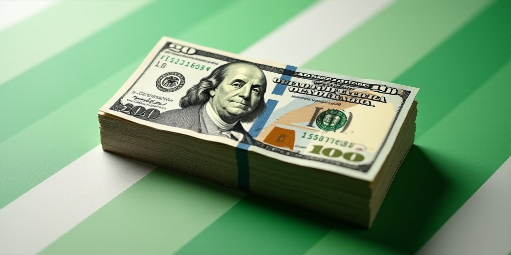 a stack of twenty dollar bills sitting on top of each other on a table with a green and white stripe