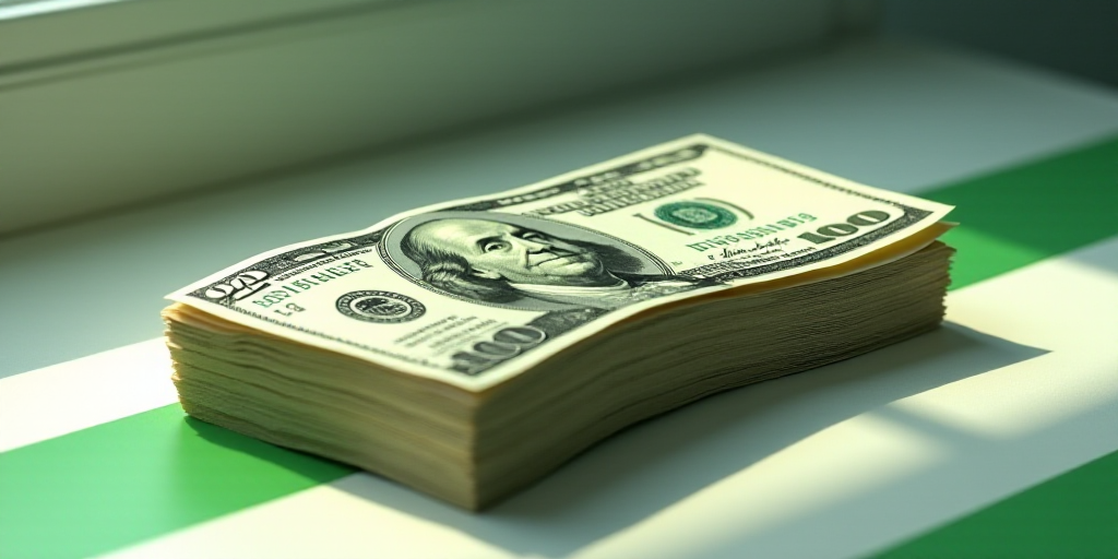 a stack of twenty dollar bills sitting on top of each other on a table with a green and white stripe