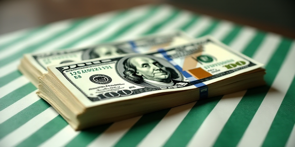 a stack of twenty dollar bills sitting on top of each other on a table with a green and white stripe