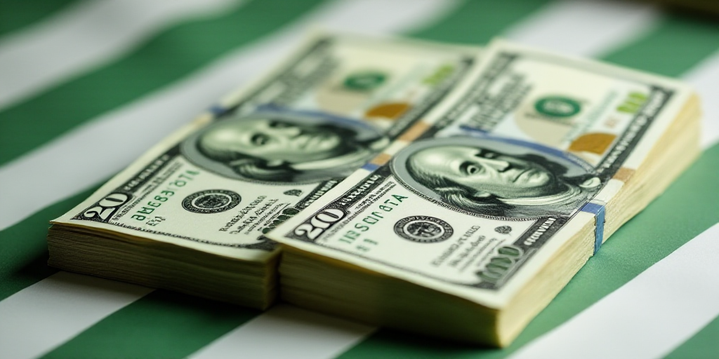 a stack of twenty dollar bills sitting on top of each other on a table with a green and white stripe