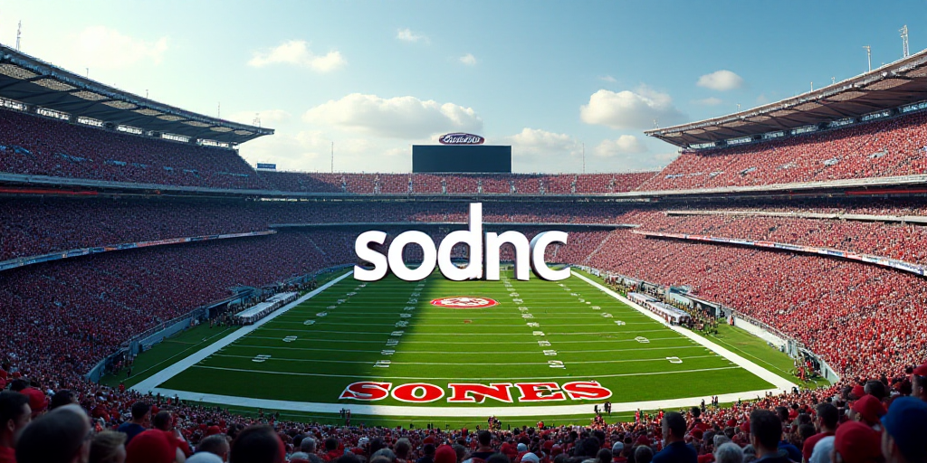 a stadium filled with lots of people and a football field with a large white sign that says sodnc, A