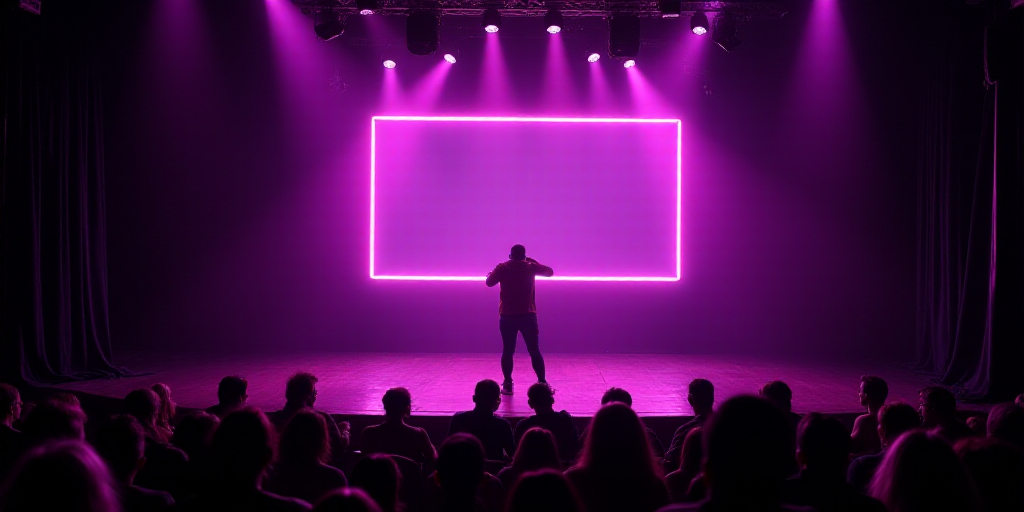 a stage with a neon sign on it and people watching it from the stage and a stage with a purple curta