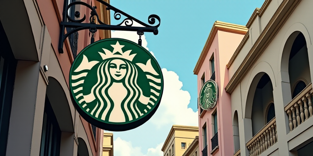 a starbucks sign hanging from the side of a building with a starbucks logo on it's side and a starbu