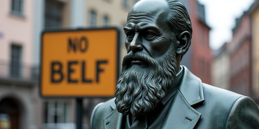 a statue of a man with a beard and a suit on in front of a sign that says no belf, Arvid Nyholm, sym