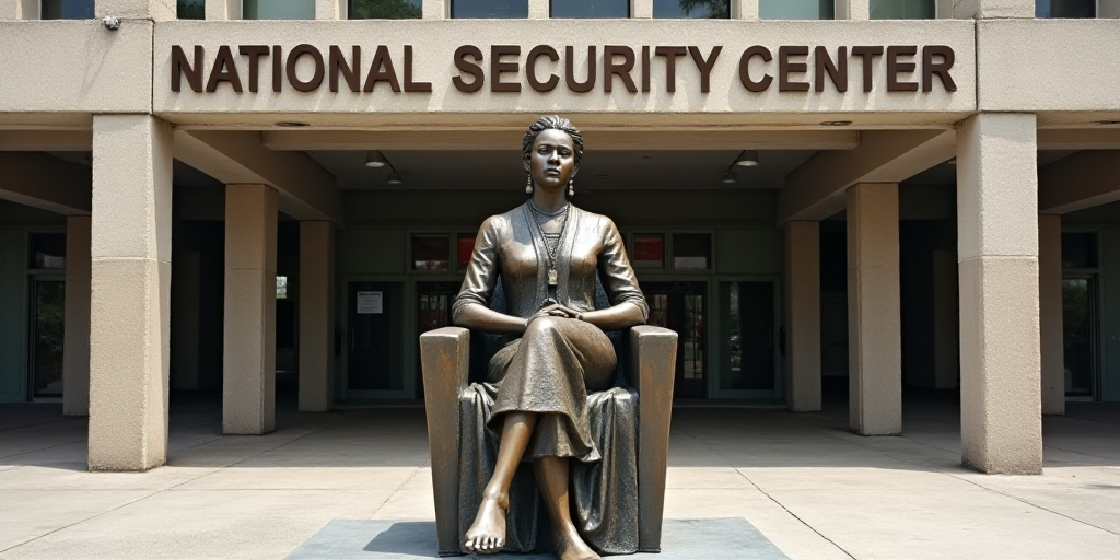 a statue of a woman sitting on a chair in front of a building with a sign that says the national sec