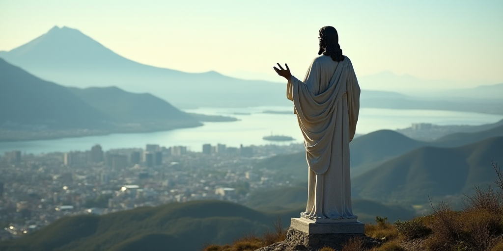 a statue of jesus overlooking a city and a body of water in the distance with a mountain in the back